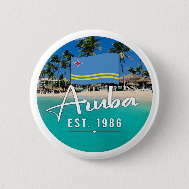 "Aruba Est. 1986" Strand mit Flagge Button (Vorderseite)