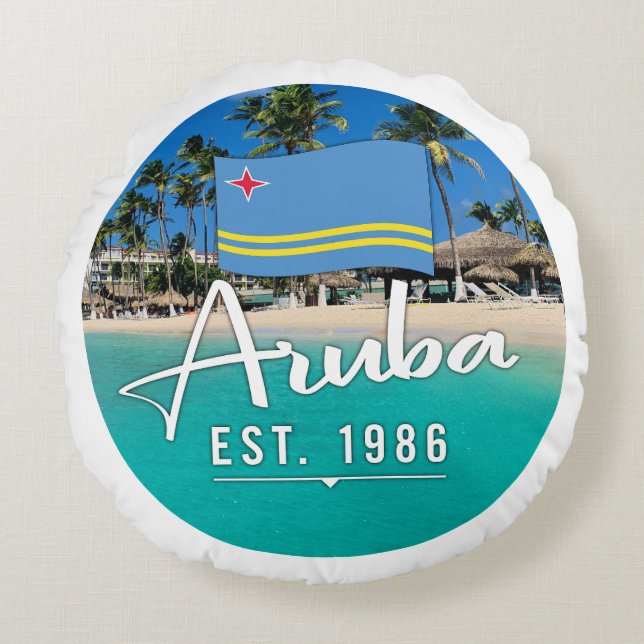 "Aruba Est. 1986" Strand mit Flagge Rundes Kissen (Vorderseite)