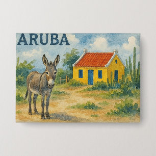 Aruba Gelbes Cunucu-Haus mit Esel Aquarell Button