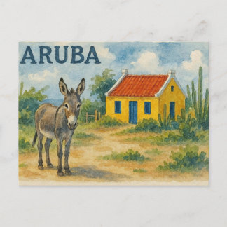 Aruba Gelbes Cunucu-Haus mit Esel Aquarell Feiertagspostkarte