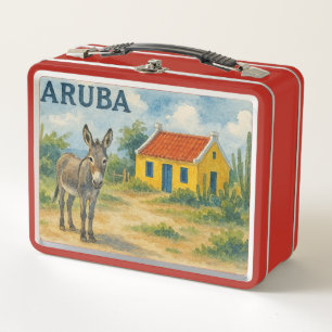 Aruba Gelbes Cunucu-Haus mit Esel Aquarell Metall Brotdose