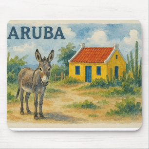 Aruba Gelbes Cunucu-Haus mit Esel Aquarell Mousepad