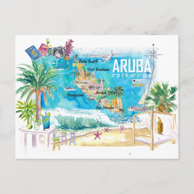 Aruba Niederländische Antilles Karibikinsel Illust Postkarte (Vorderseite)