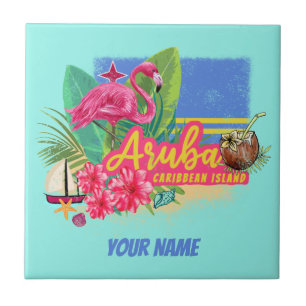 Aruba Retro Karibikinsel mit Flamingo Vintage Fliese