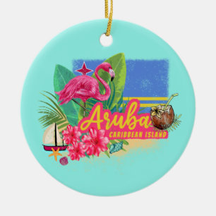 Aruba Retro Karibische Insel mit Flamingo Vintag Keramik Ornament