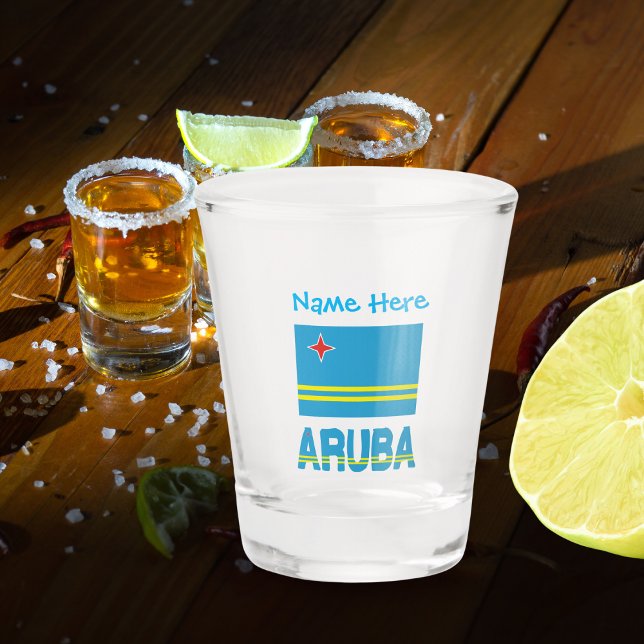 Aruba und Aruban Flag Blue Personalisierung Schnapsglas (Shot glass with the Aruban flag and the word ARUBA below in the flag colors. Add a name above.)