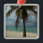 Aruban Beach I Beautiful Nature Szene Silbernes Ornament<br><div class="desc">Manchmal will man einfach, an einen warmen und tropischen Ort zu gelangen, und dieses Bild fasst das Erlebnis zusammen. Diese tropische Szene zeigt den weißen Sandstrand von Aruba mit Kokospalmen. Karo in unserem Laden für ruhigere Fotos am Strand. Dieses Bild ist auch als Widescreen-Tapete "Aruban Beach I" von www.mlewallpapers.com zu...</div>