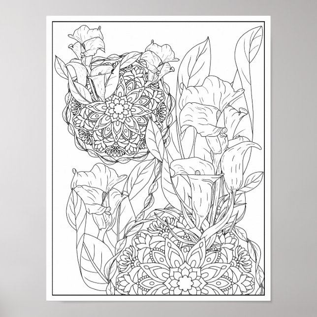Arum Lilies und Blätter Mandala Adult Coloring Poster
