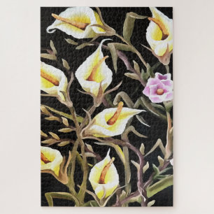 Arum Lily künstlerisches Blumendesign auf schwarz Puzzle