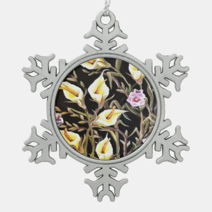 Arum Lily künstlerisches Blumendesign auf schwarz Schneeflocken Zinn-Ornament