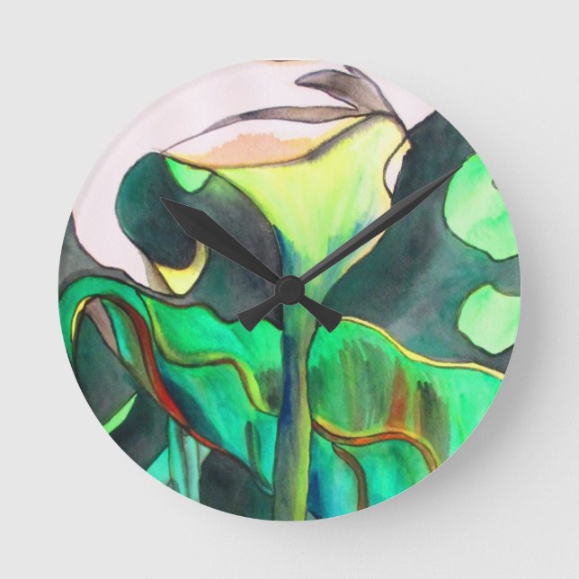 Arum Lily Wasserfarbe Originalkunstmalerei Runde Wanduhr (Vorderseite)