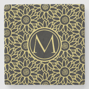 Arylide gelbes Sonnenblume-Muster mit Monogramm Steinuntersetzer