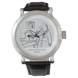 Arzt mit Stethoskop untersucht Füße. Personalisier Armbanduhr