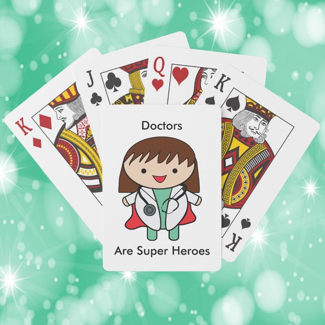 Ärzte Super Hero Female Funny Kawaii Spielkarten (A deck of playing cards with a picture of a woman doctor and the text, "Doctors Are Super Heroes".)