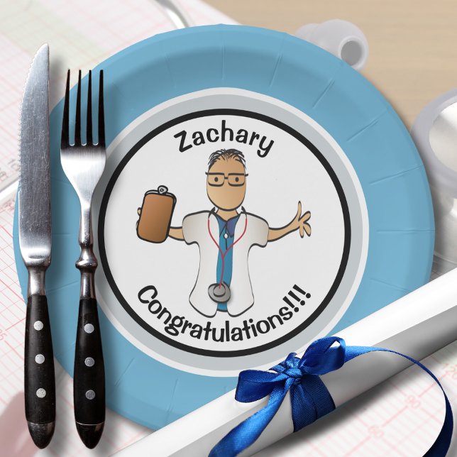 Ärztlicher männlicher Arzt für seinen Abschluss Pappteller (Von Creator hochgeladen)