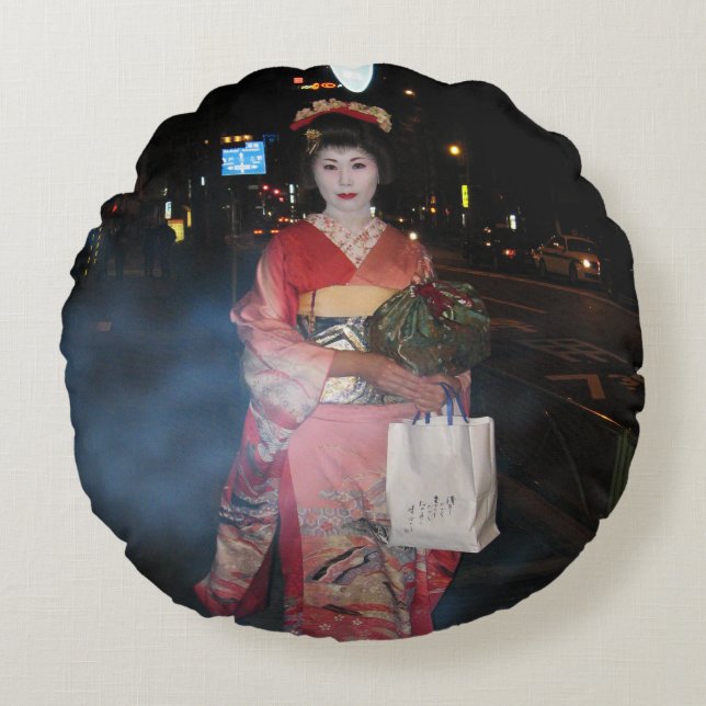 Asakusa Geisha Neo Tokyo Rundes Kissen (Vorderseite)