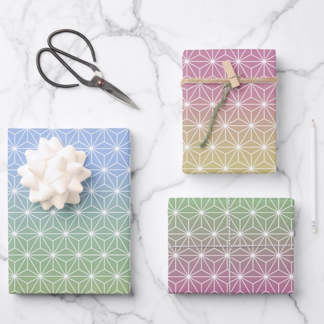 Asanoha Geometric Muster Serenfarbengraden Geschenkpapier Set (Vorderseite)