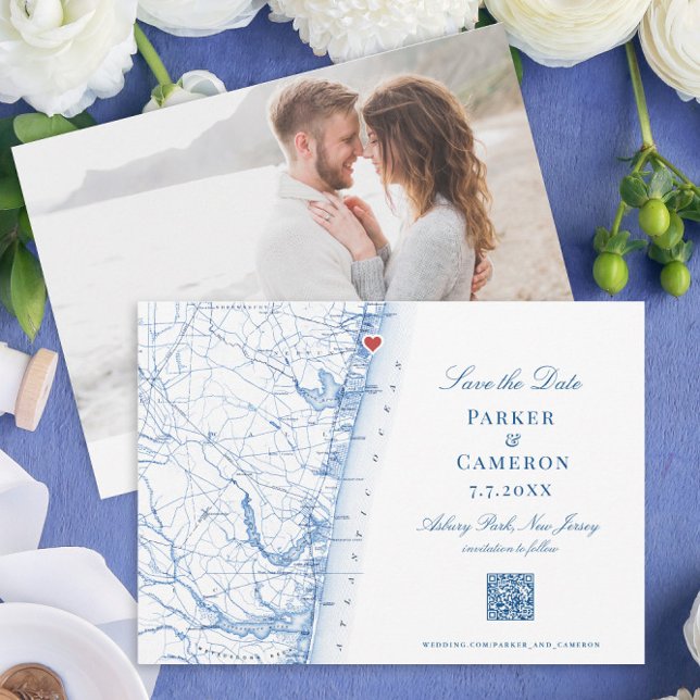 Asbury Park New Jersey Karte Elegante Marine QR (This Asbury Park New Jersey map save the date includes a QR code for your wedding website)