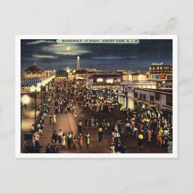 Asbury Park NJ Boardwalk in der Nacht der 40er Jah Postkarte (Vorderseite)