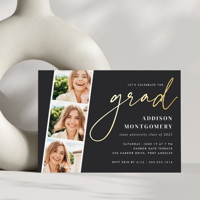 Asche | Foto Strip Graduation Party Gold Folieneinladung (Von Creator hochgeladen)