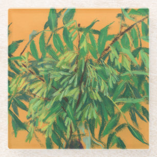 Aschenbaum, grüngelbe Sommergärten, Blumenkunst Glasuntersetzer