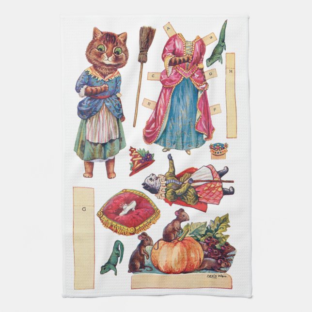 Aschenputtel, Papierpuppe, Louis Wain Geschirrtuch (Vertikal)