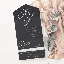Aschfarben | Script Watermark Monogram Wedding All In One Einladung