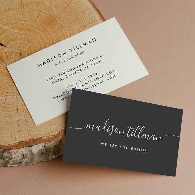 Ash Black & Ivory Moderne Kalligrafie-Script Visitenkarte (Von Creator hochgeladen)