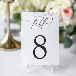 Ash Black   White | Einfache Elegante Script Tischnummer<br><div class="desc">Einfache und schicke Tischnummer-Karten in knackigem,  klassischem Weiß mit weichem Asche-Schwarz-Schriftzeichen machen bei Ihrer Hochzeit oder Veranstaltung ein elegantes Statement. Das Design enthält handgeschriebene Kalligrafieschrift mit Ihrer Tischnummer in klassischen Zahlen.</div>
