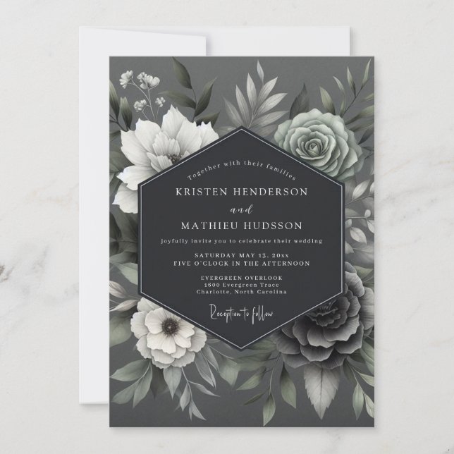 Ash Monochromatic Posy Wedding Einladung (Vorderseite)