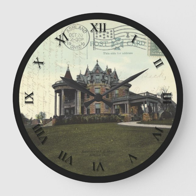 Ashland Ohio Postkarten-Uhr - Wohnsitz F.E. Myers Große Wanduhr (Vorderseite)
