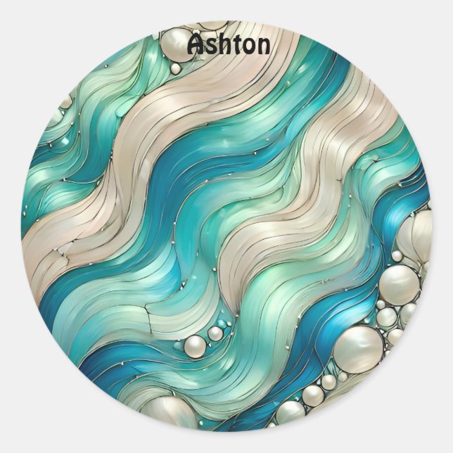 ASHTON ~ SHINY Blue White Abstrakt ~ Runder Aufkleber (Vorderseite)