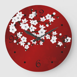 Asia Floral Red White Cherry Blossom Oriental Große Wanduhr