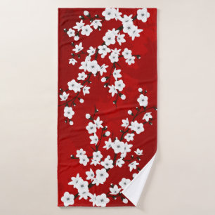 Asia Floral White Cherry Blossom Red Badehandtuch