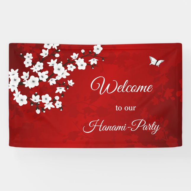 Asia Floral White Cherry Blossom Red Banner (Horizontal)