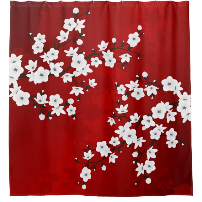 Asia Floral White Cherry Blossom Red Duschvorhang (Vorderseite)
