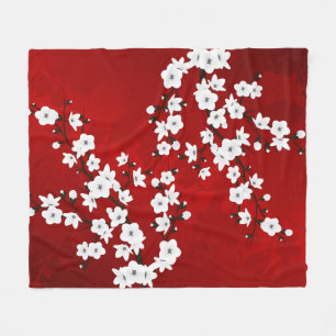 Asia Floral White Cherry Blossom Red Fleecedecke