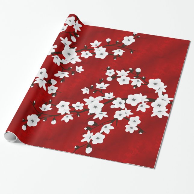Asia Floral White Cherry Blossom Red Geschenkpapier (Ungerollt)