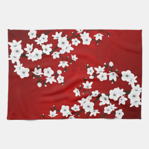 Asia Floral White Cherry Blossom Red Geschirrtuch