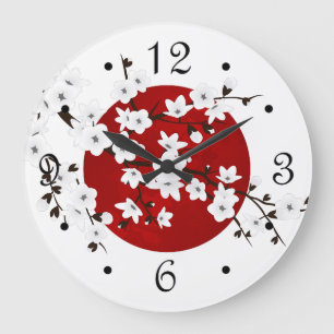 Asia Floral White Cherry Blossom Red Große Wanduhr