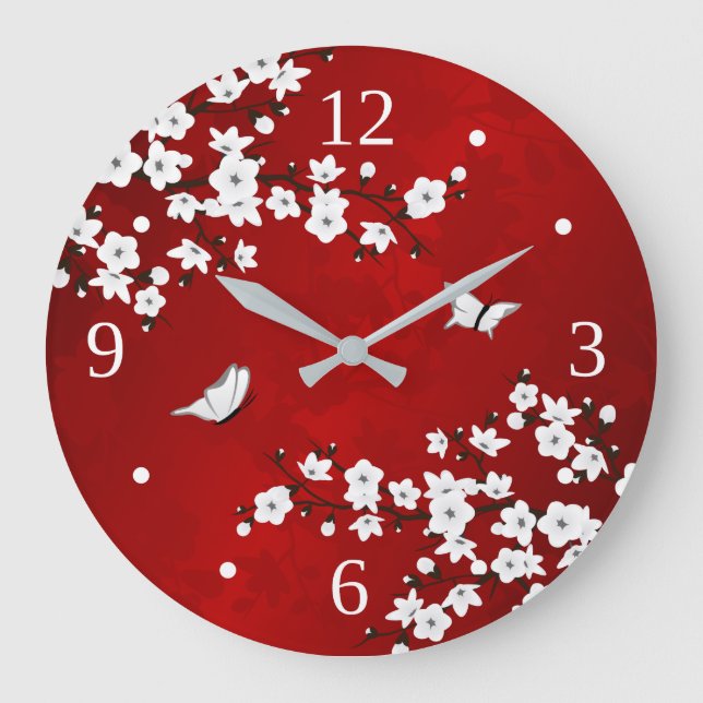 Asia Floral White Cherry Blossom Red Große Wanduhr (Vorderseite)