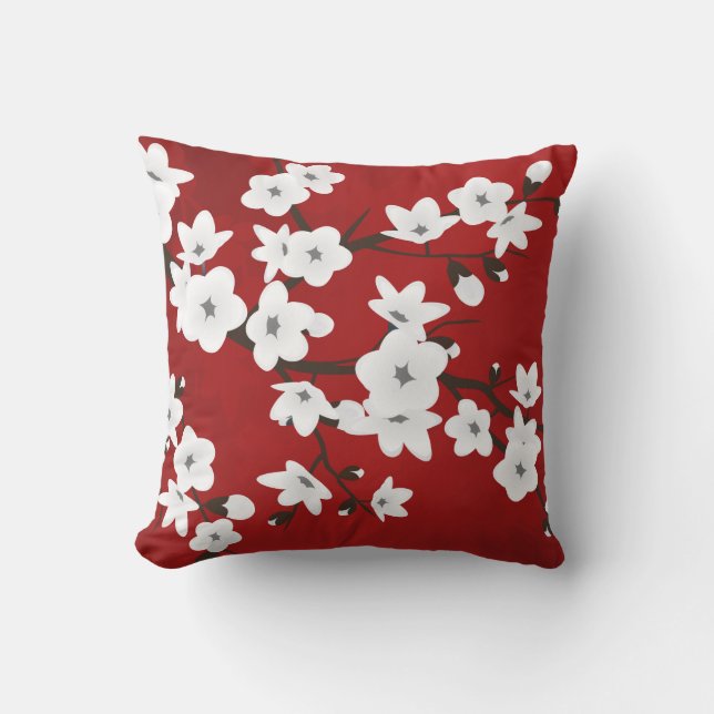 Asia Floral White Cherry Blossom Red Kissen Für Draußen (Vorderseite)