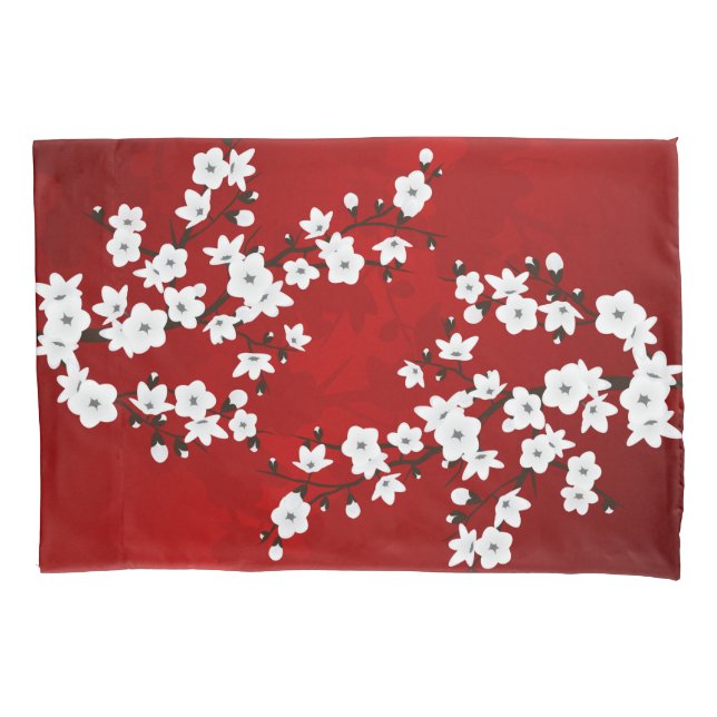 Asia Floral White Cherry Blossom Red Kissenbezug (Vorderseite)