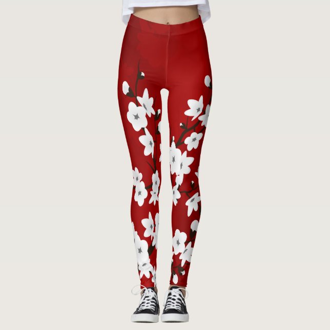 Asia Floral White Cherry Blossom Red Leggings (Vorderseite)