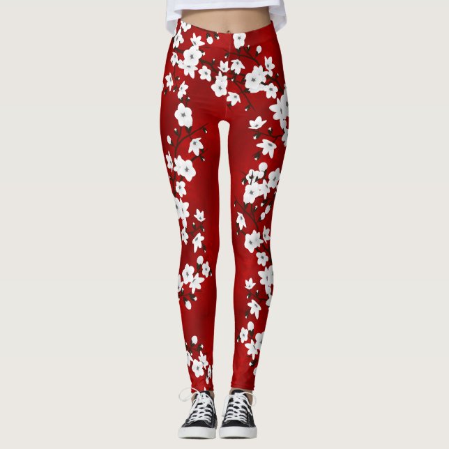 Asia Floral White Cherry Blossom Red Leggings (Vorderseite)