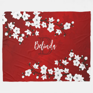Asia Floral White Cherry Blossom Red Monogram Fleecedecke