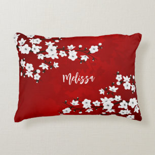 Asia Floral White Cherry Blossom Red Monogram Zierkissen