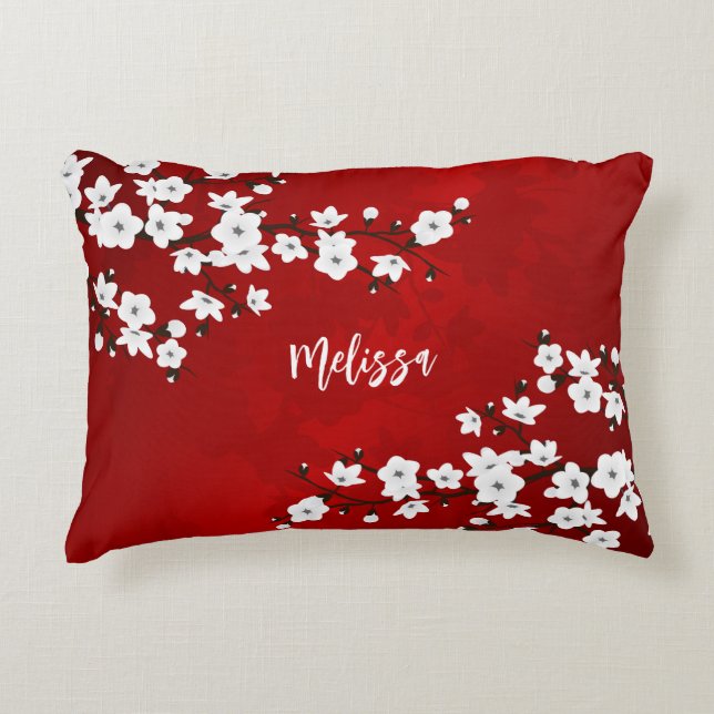 Asia Floral White Cherry Blossom Red Monogram Zierkissen (Vorderseite)