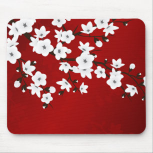 Asia Floral White Cherry Blossom Red Mousepad