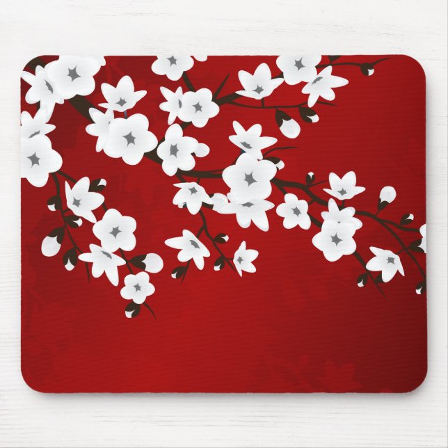 Asia Floral White Cherry Blossom Red Mousepad (Vorne)